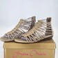 Bella Marie taupe gladiator wedge sandals with cage-style upper