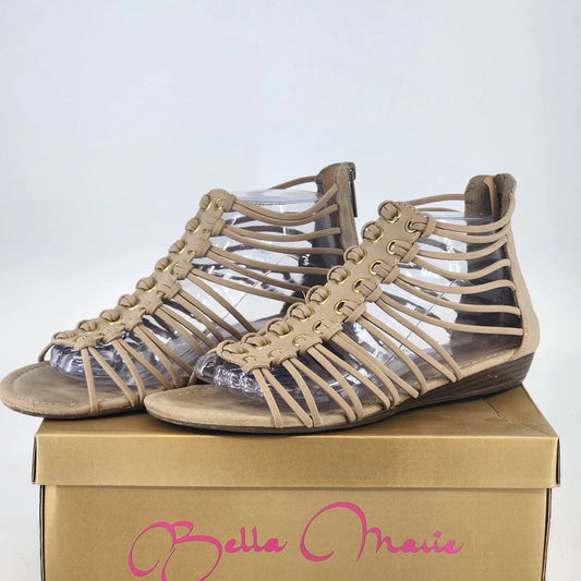 Bella Marie taupe gladiator wedge sandals with cage-style upper