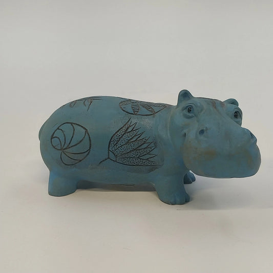 Berlin Design blue hippopotamus pottery figurine with lotus motifs