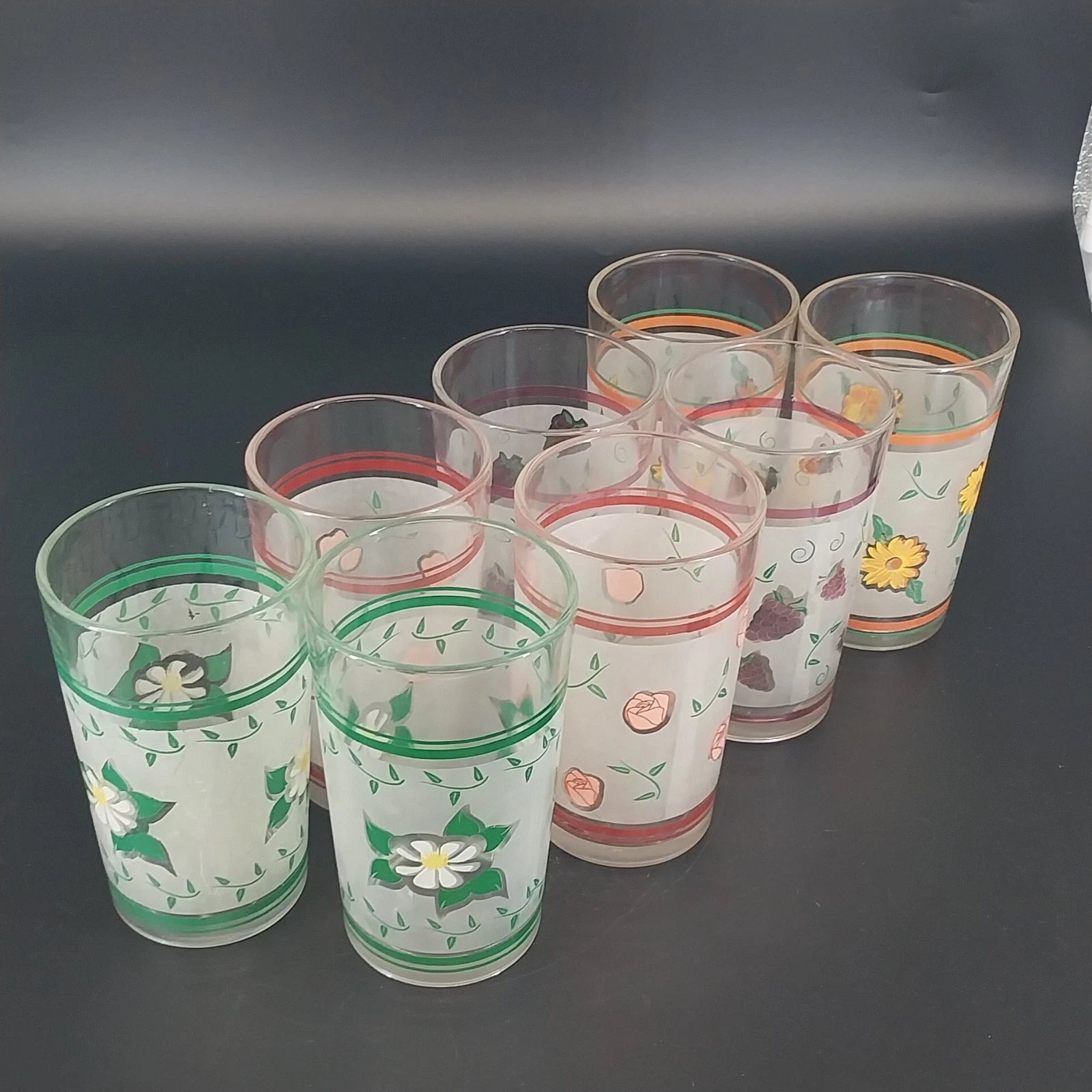 Vintage Berney Bond floral glass tumbler set with botanical designs
