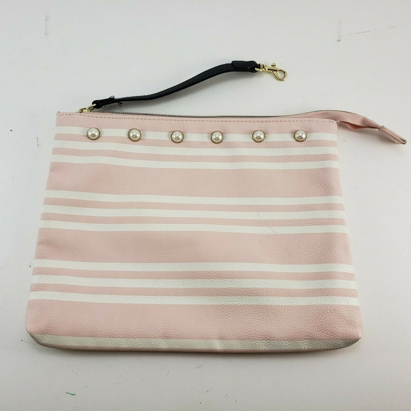 Betsey Johnson pink and white striped clutch wristlet with pearl detail