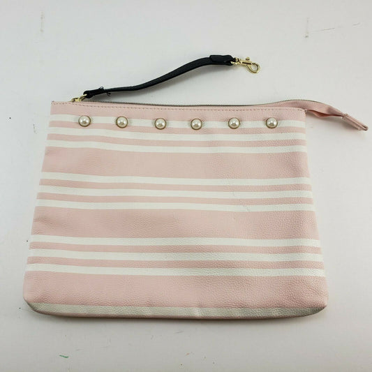 Betsey Johnson pink and white striped clutch wristlet with pearl detail