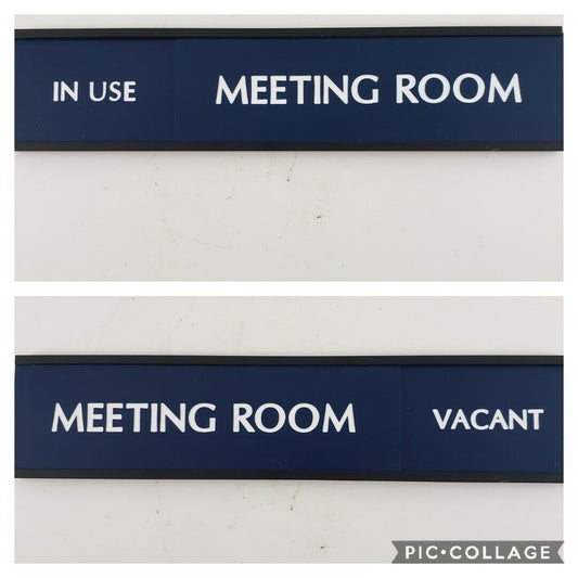 Blue sliding meeting room sign in use vacant
