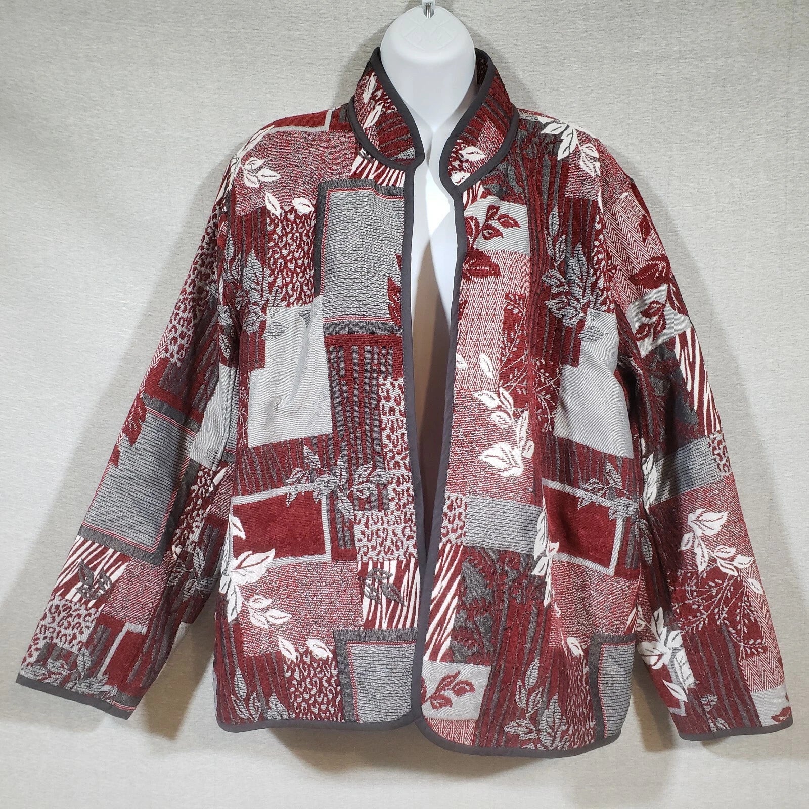 Bon Worth womens large tapestry weave blazer with red gray block print