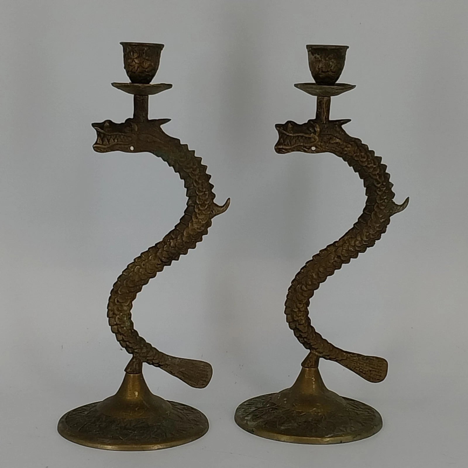 Vintage brass dragon serpent candle holders