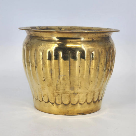Ribbed brass planter pot with flared rim vintage gold tone decor