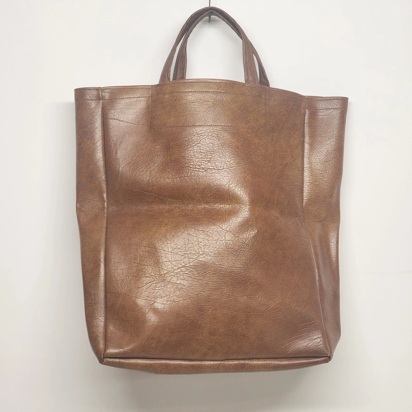 Large brown faux leather tote bag minimalist Korean style shopper