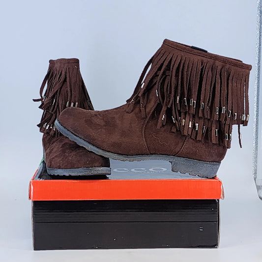 Bucco Capensis Fawn brown faux suede ankle boots with fringe and studs