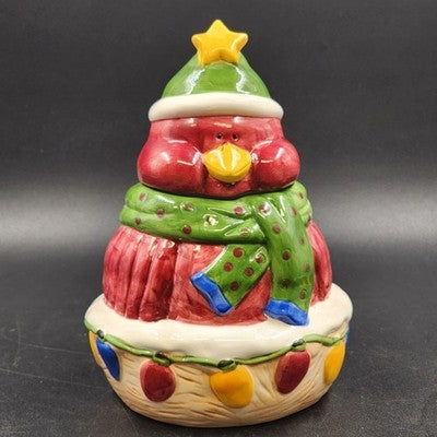 Christmas cookie jar with burgundy bird wearing festive hat and scarf