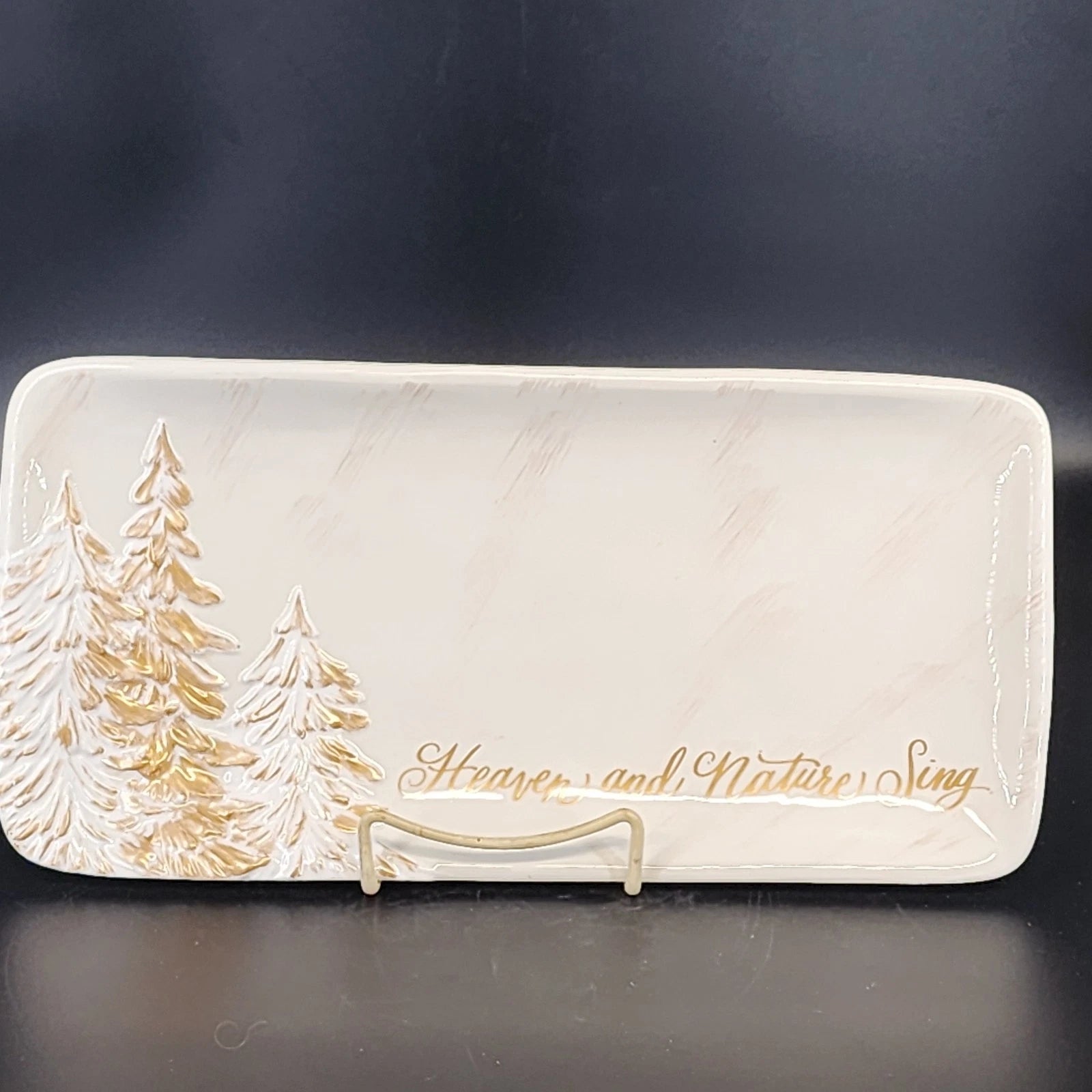 White ceramic Christmas platter with gold tree design Carla Grogan