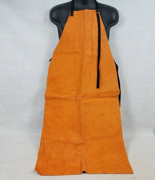 Rust split leather welding bib apron with adjustable straps and snap closure