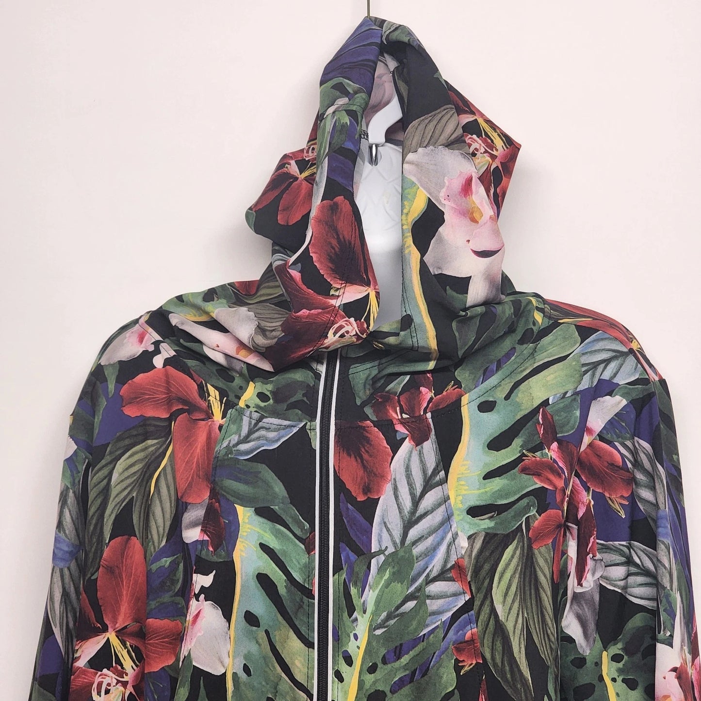 Floral hooded zip up windbreaker jacket with drawstring waist