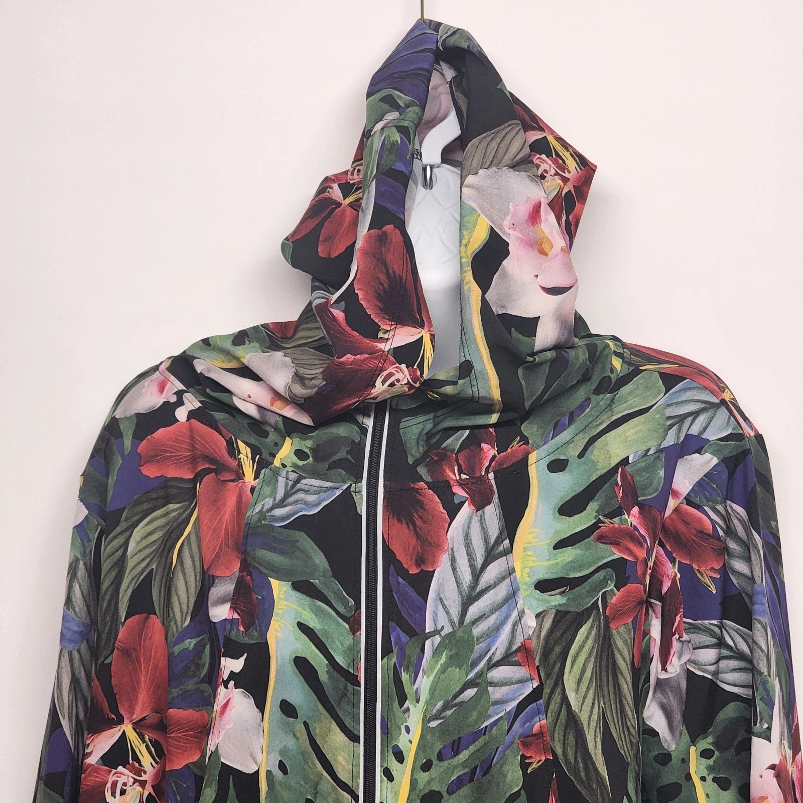 Floral hooded zip up windbreaker jacket with drawstring waist
