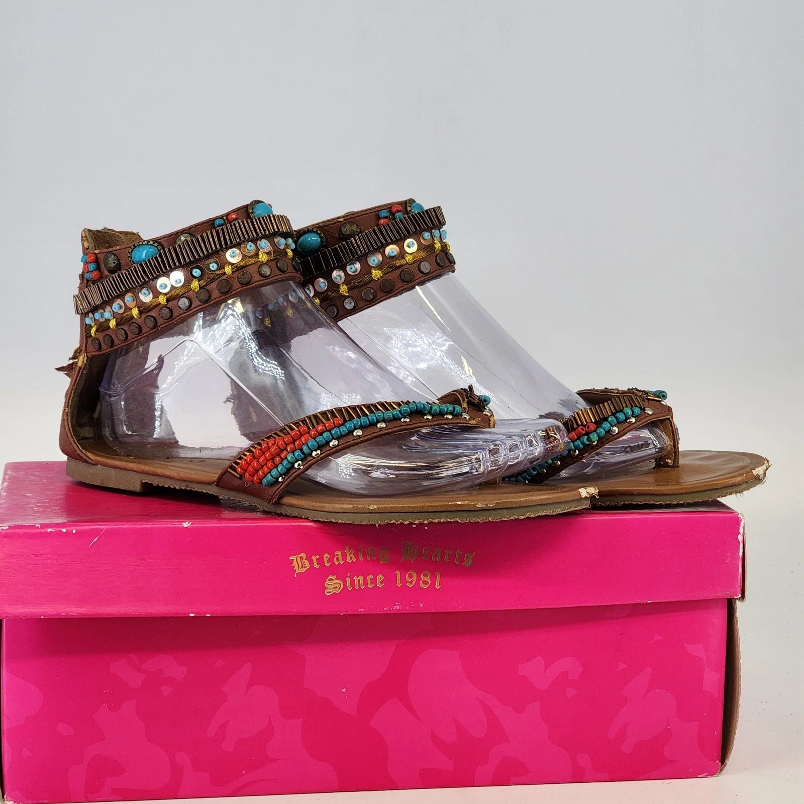 Candie's brown gladiator sandals with colorful bead embellishments
