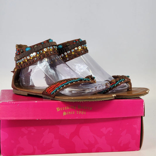 Candie's brown gladiator sandals with colorful bead embellishments
