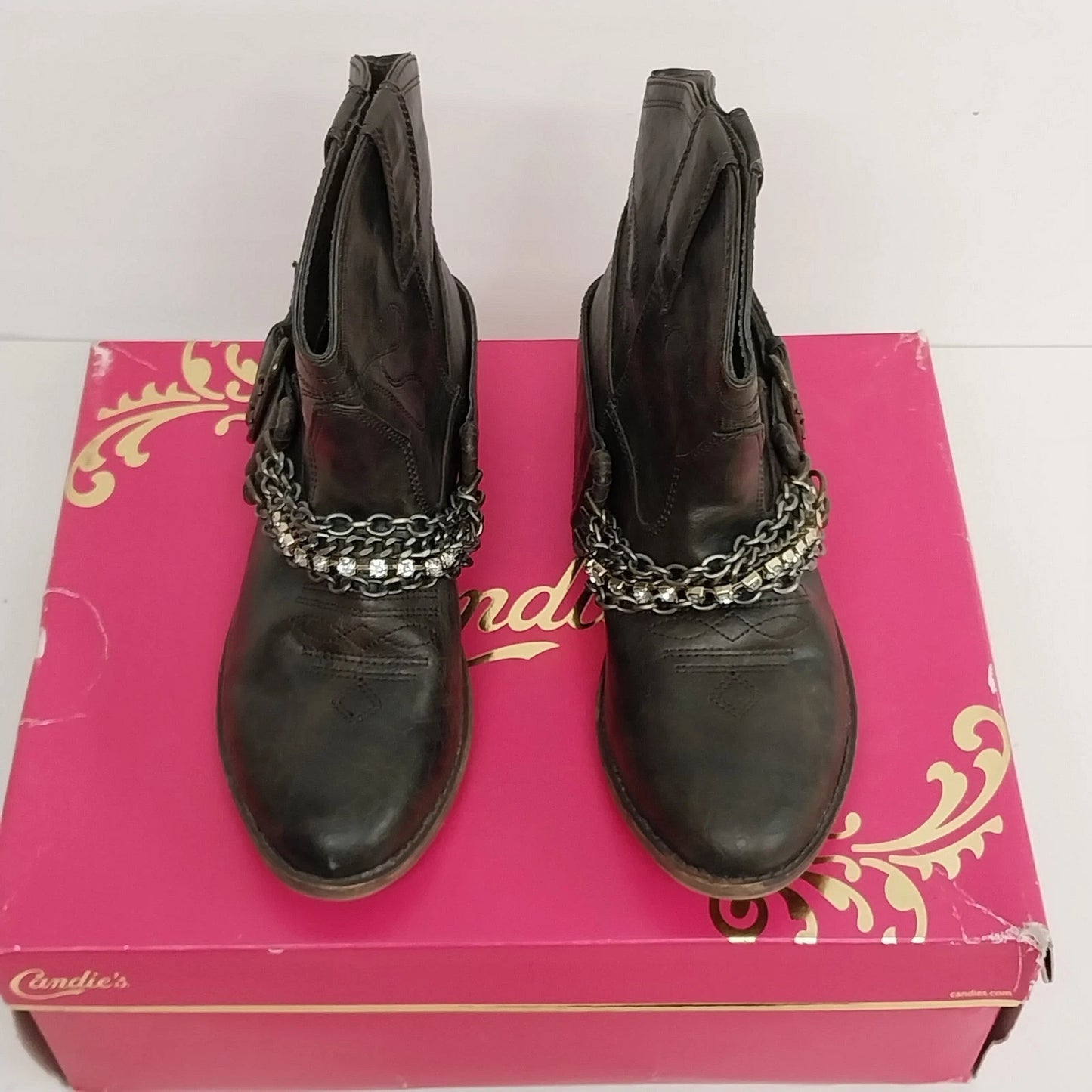 Brown Candies Pasko ankle booties with chain and rhinestone accents