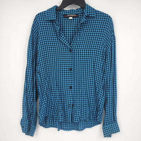 Women's blue and black gingham button-up shirt with long sleeves