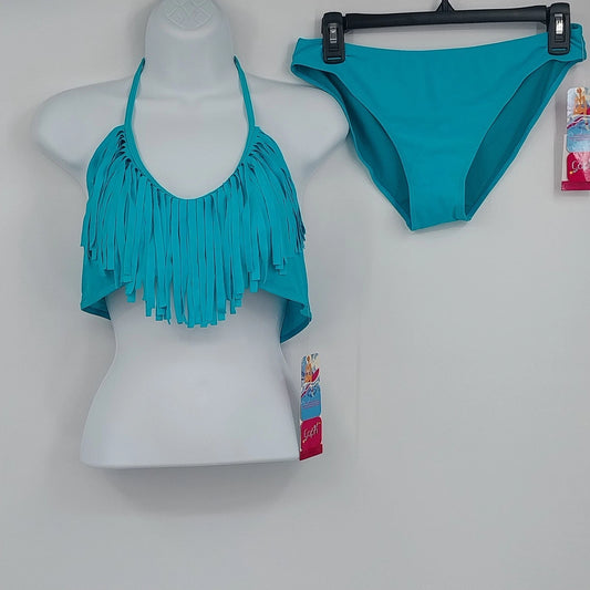 Capri teal blue fringe halter bikini swimsuit