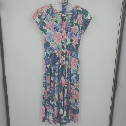 Rose floral tea dress with belt by Carol Anderson California women size 8