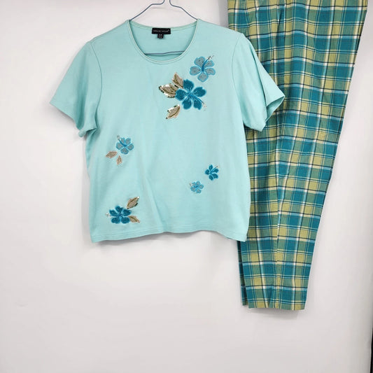 Light blue embroidered Carolyn Taylor top with plaid pants two piece outfit set