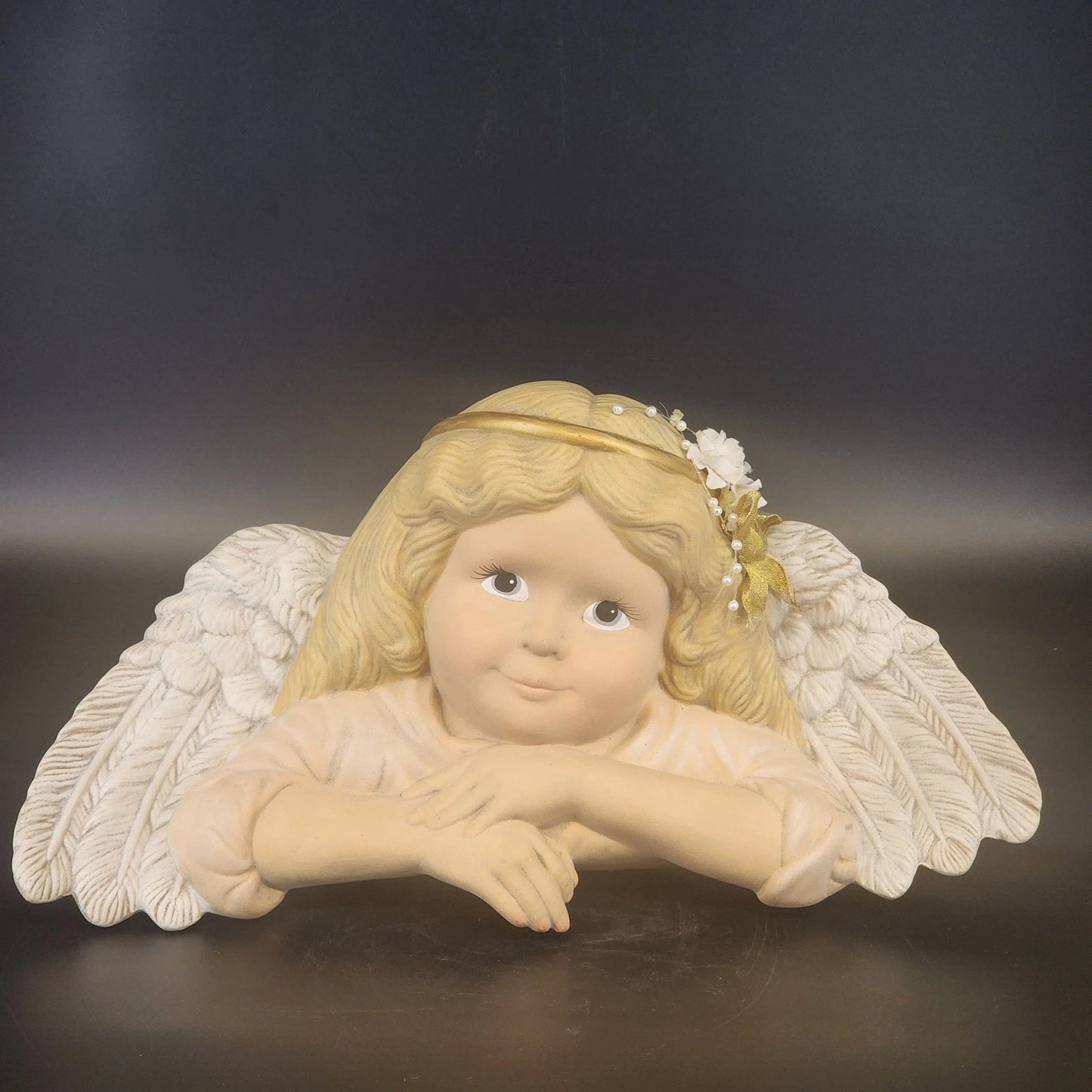 Cream ceramic angel figurine for shelf or headboard decor