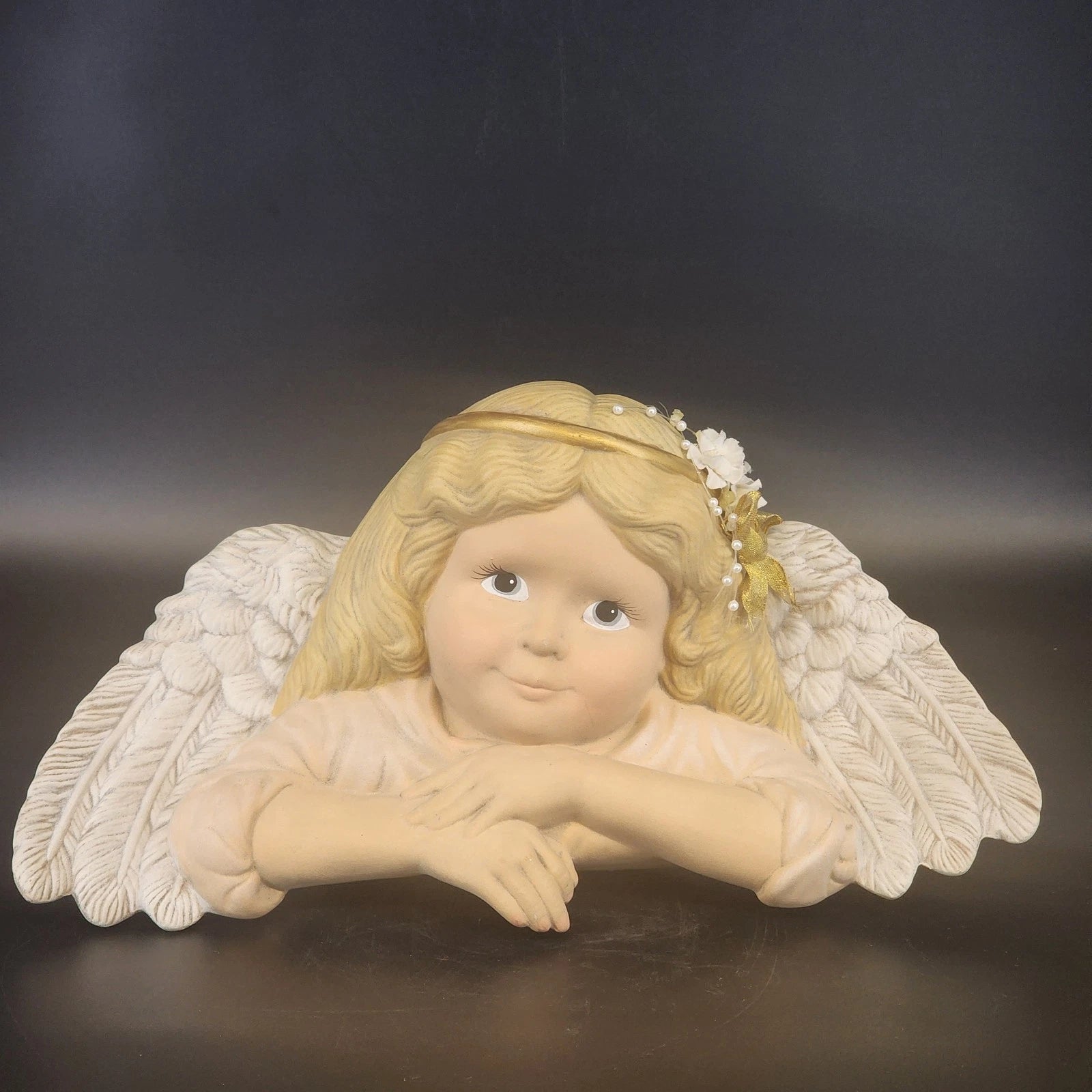 Cream ceramic angel figurine for shelf or headboard decor