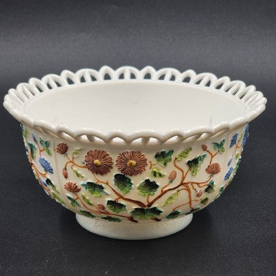 Challinor & Taylor milk glass bowl with Tree of Life design and lace edge