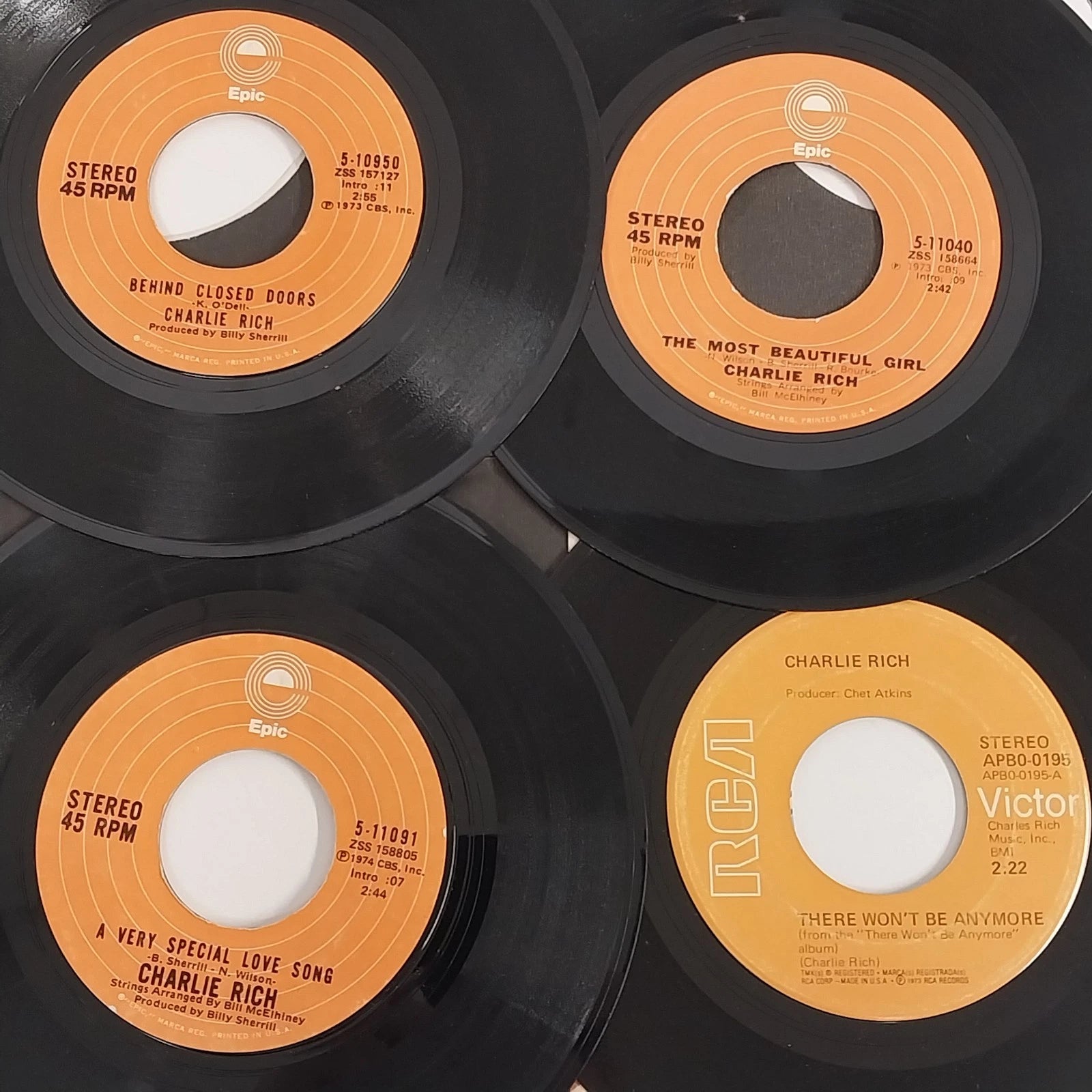 Four Charlie Rich 45 RPM vinyl singles on Epic and RCA Victor labels