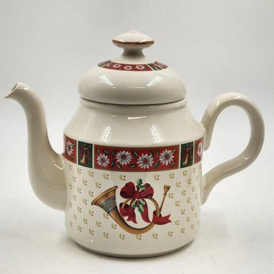 Charlton Hall 50 oz ceramic Christmas teapot with poinsettias and ribbon