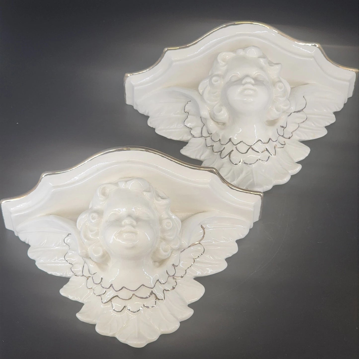 Cherub Ceramic Wall Shelves 2pc Set White Gold Trim Angel Display Decor