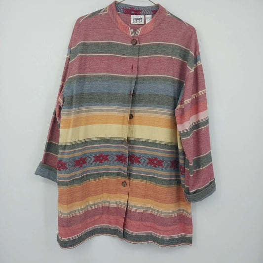 Chico's Design red and yellow striped Aztec button up cotton shirt