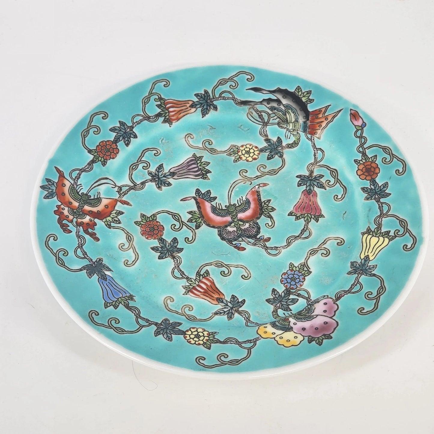 antique Chinese celadon porcelain 7 inch scalloped rim plate teal glaze