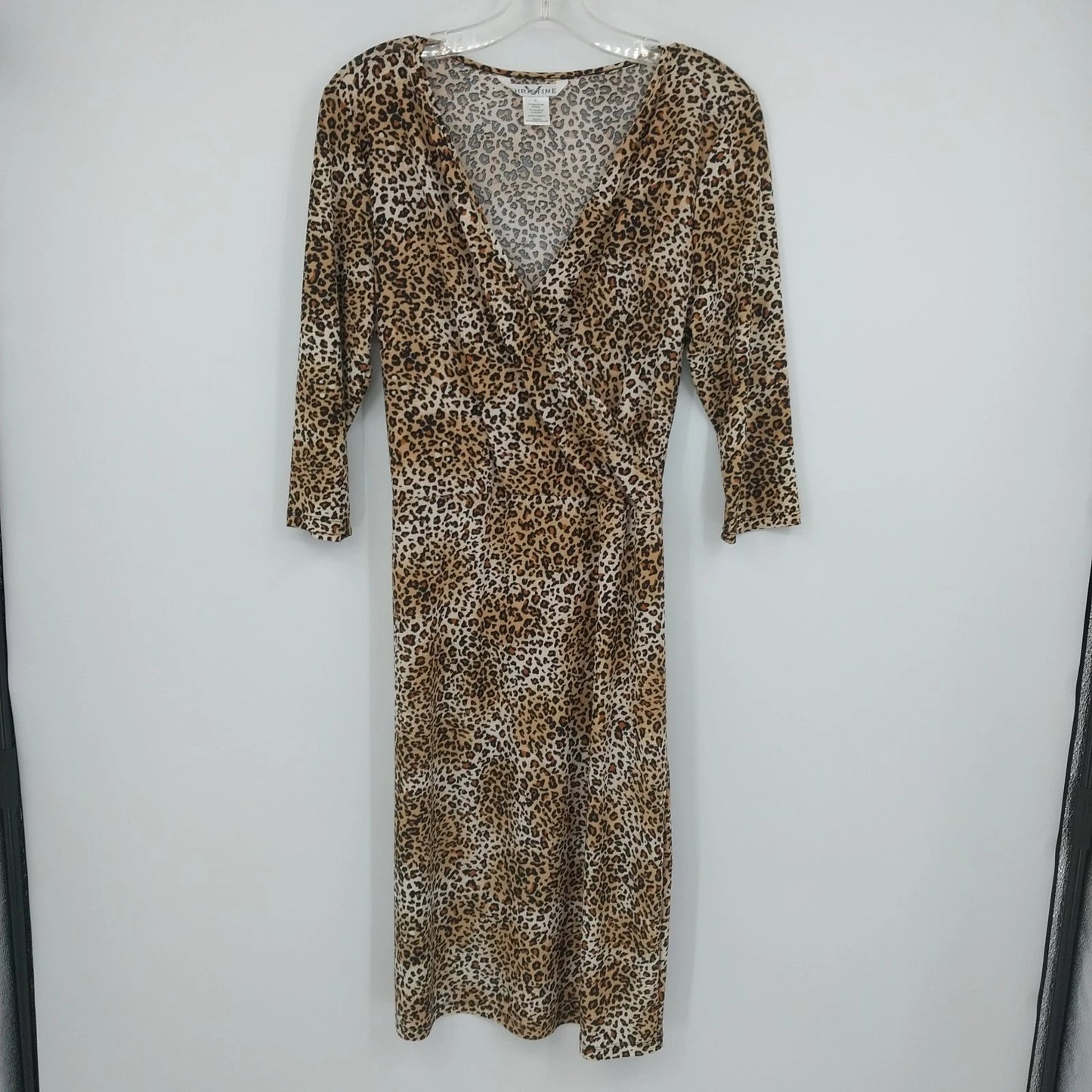 Christine women's brown black leopard faux wrap midi dress XL