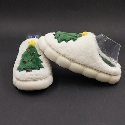 White faux fur Christmas tree thermal plush slippers with green insole