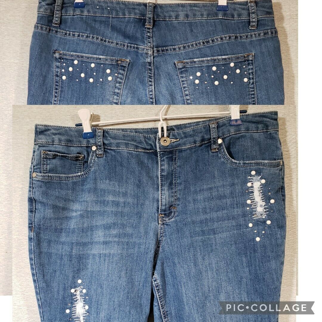 Blue distressed stretch jeans with embellished pockets by Christopher Banks