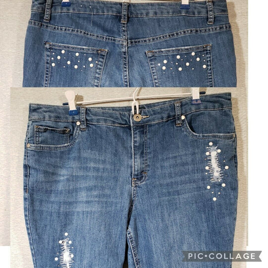 Blue distressed stretch jeans with embellished pockets by Christopher Banks