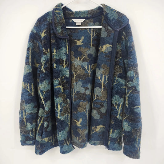 Christopher & Banks Women's XL Blue Fleece Jacket Birds Floral Full Zip