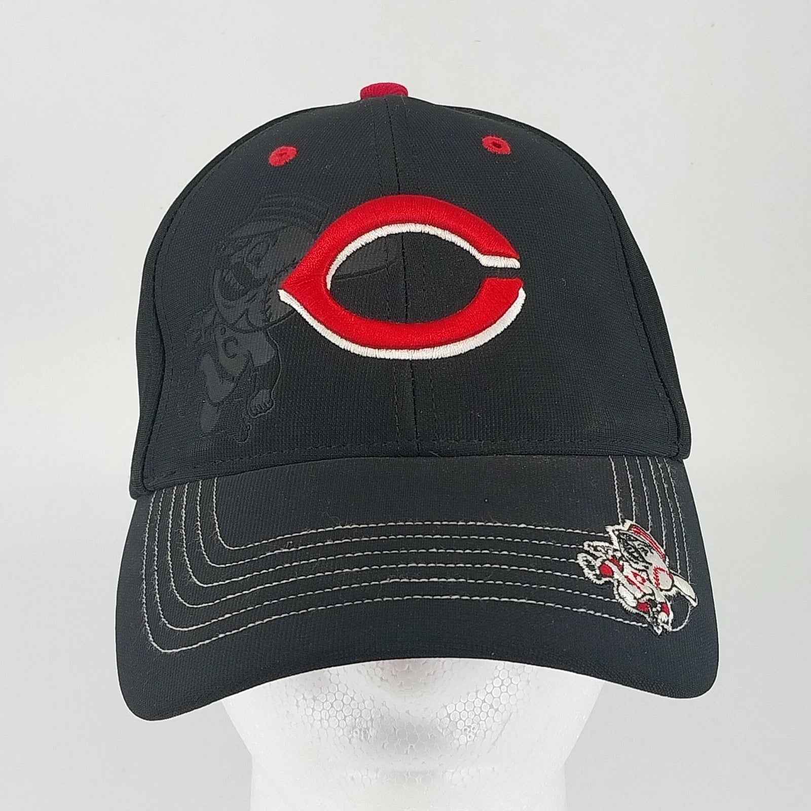 Black Cincinnati Reds baseball cap with embroidered Mr. Redlegs logo