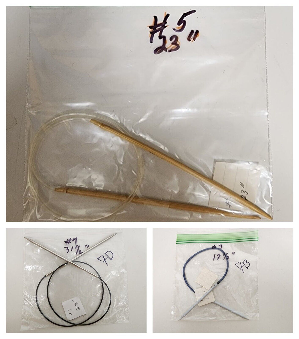 Circular knitting needles in assorted sizes, lengths, and bamboo, plastic, or metal materials.