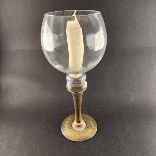 Clear goblet candle holder gold stem ribbed glass