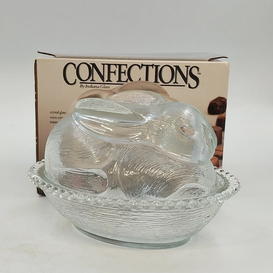 Indiana Glass Confections Bunny on Nest Candy Dish Clear Glass USA