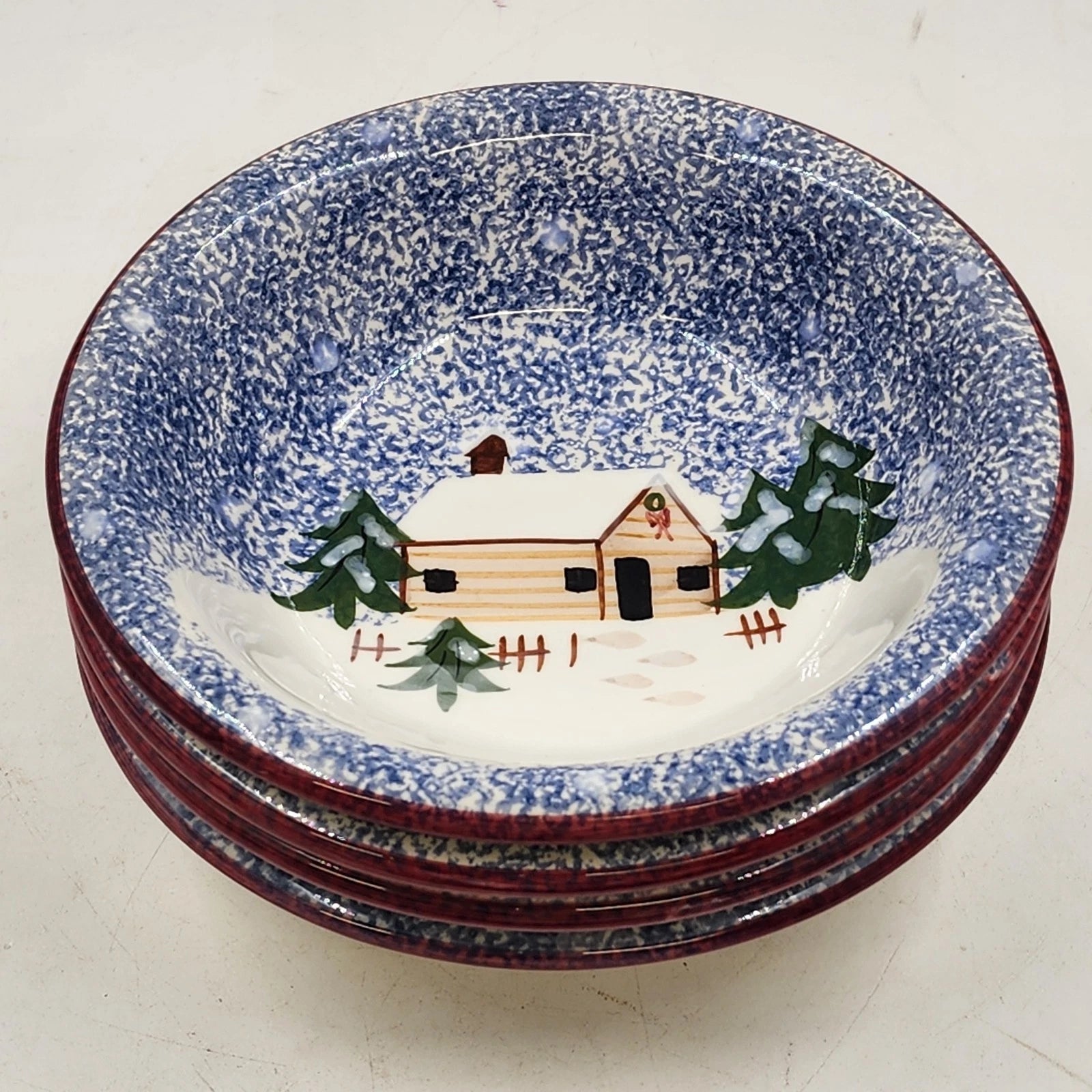 Set of four Cook's Bazaar Holly Mountain Lodge winter scene ceramic bowls