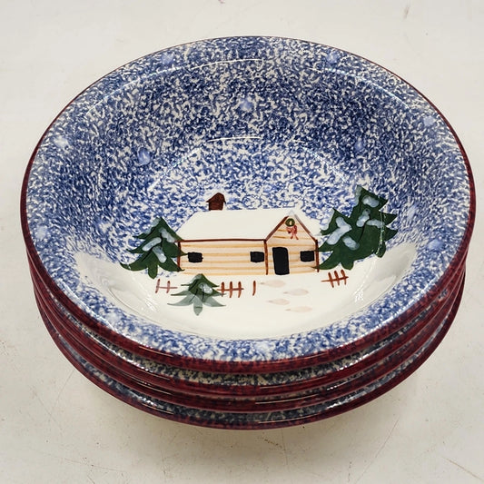 Set of four Cook's Bazaar Holly Mountain Lodge winter scene ceramic bowls
