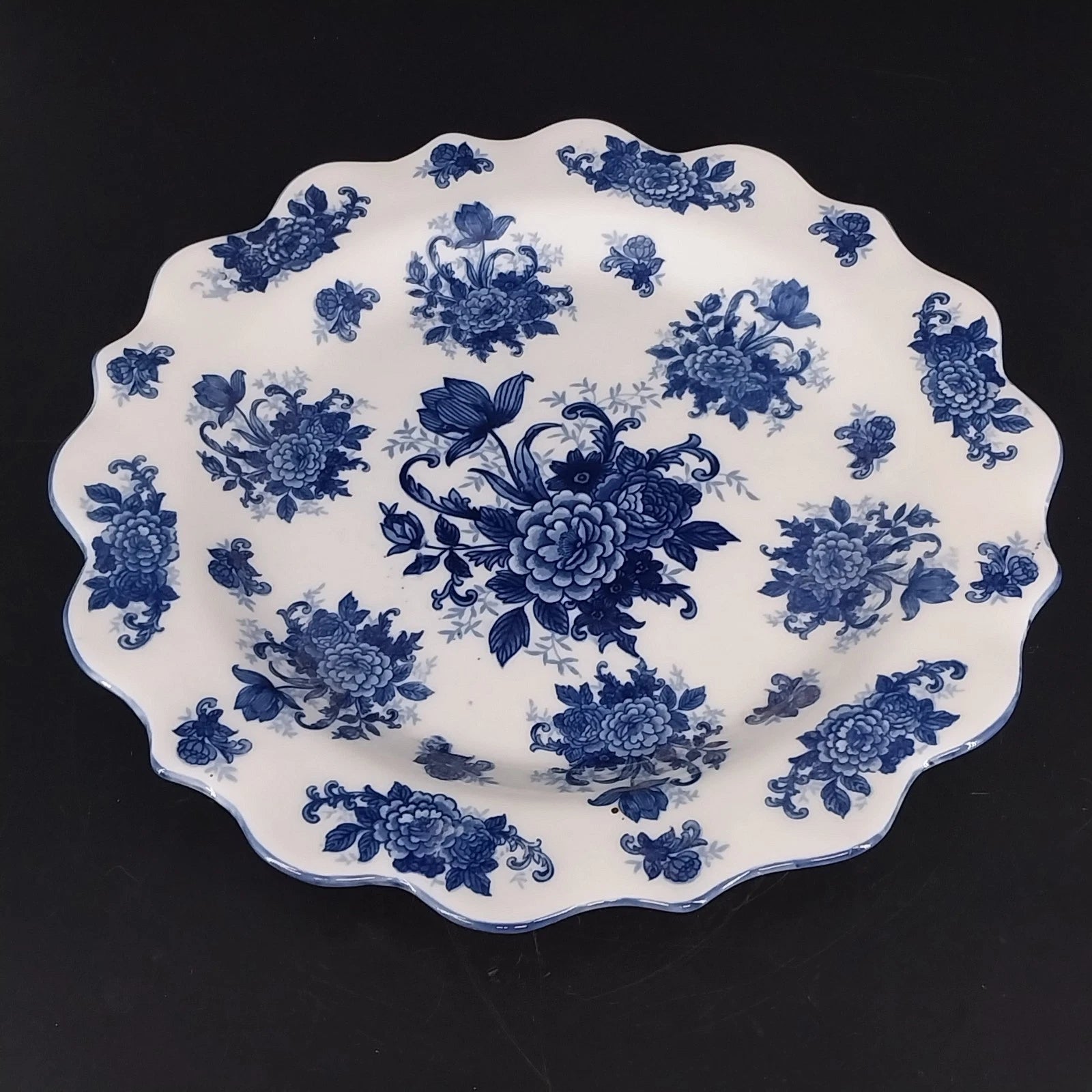 Cracker Barrel blue and white floral porcelain serving platter with scalloped edge