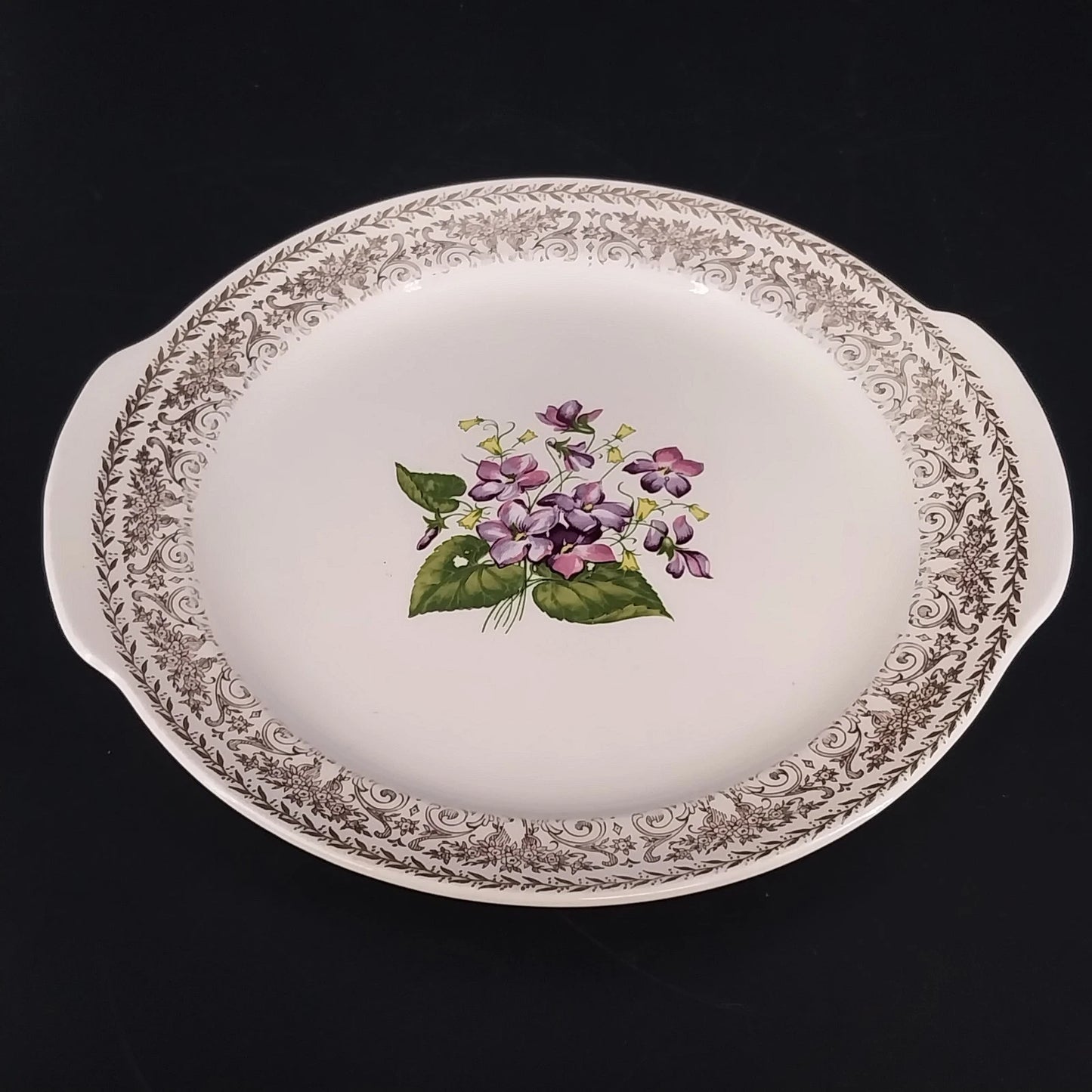 Cunningham Pickett Springviolet handled cake plate with 22K gold