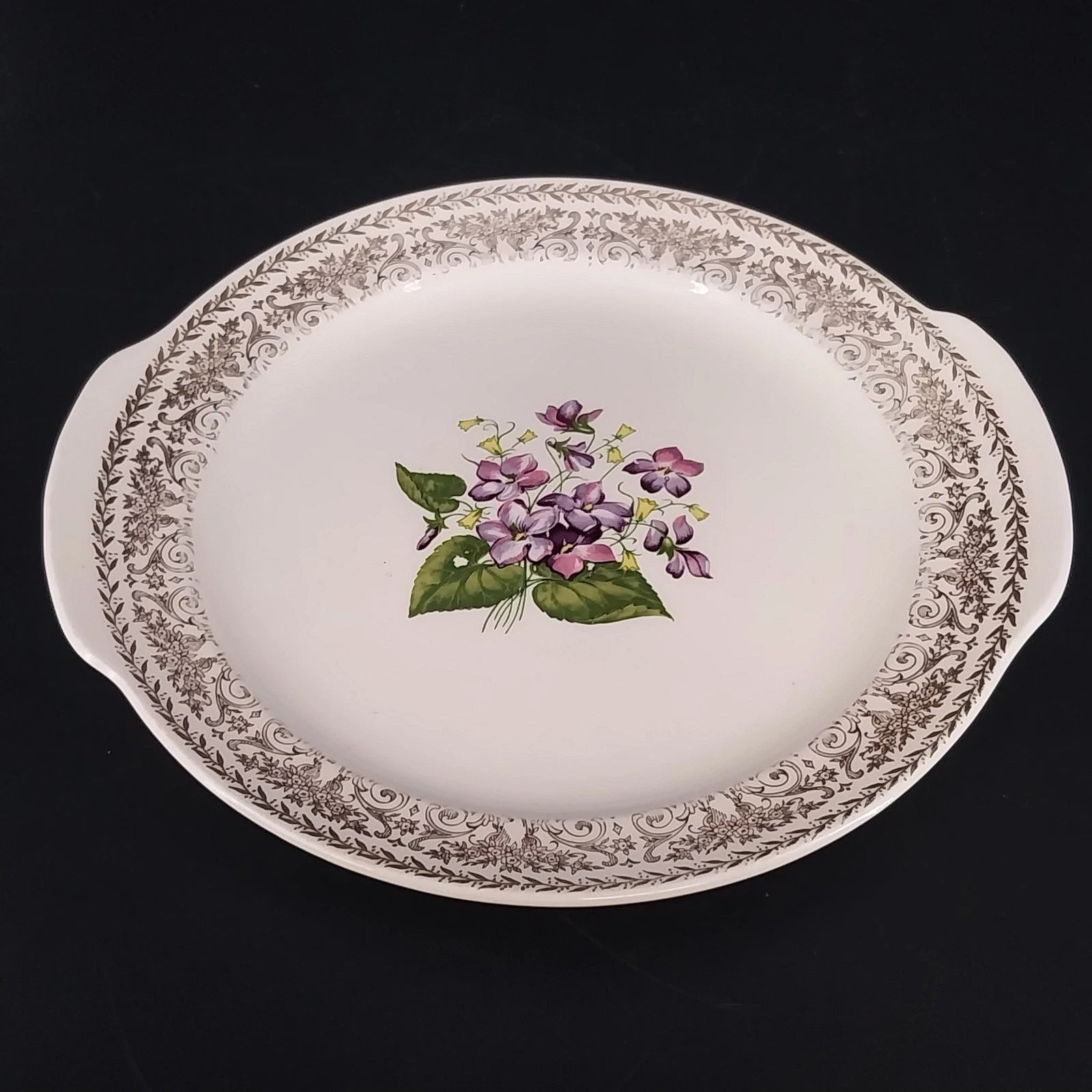 Cunningham Pickett Springviolet handled cake plate with 22K gold