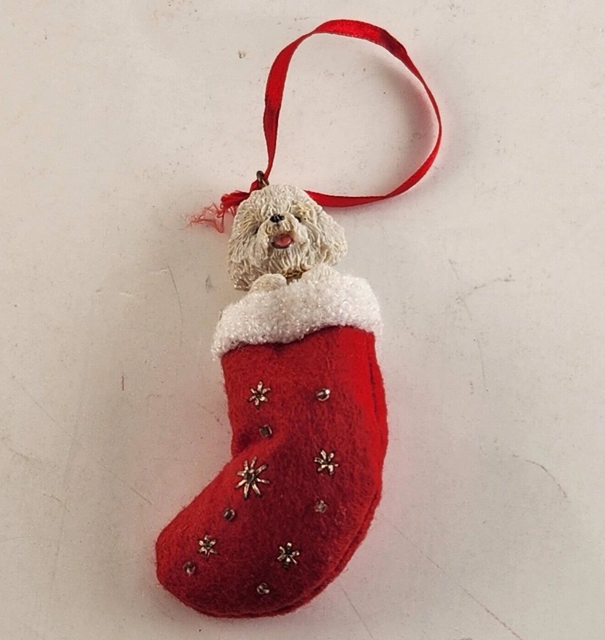 Danbury Mint Bichon Frise dog red Christmas stocking ornament