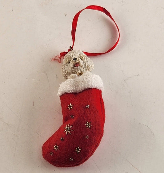 Danbury Mint Bichon Frise dog red Christmas stocking ornament