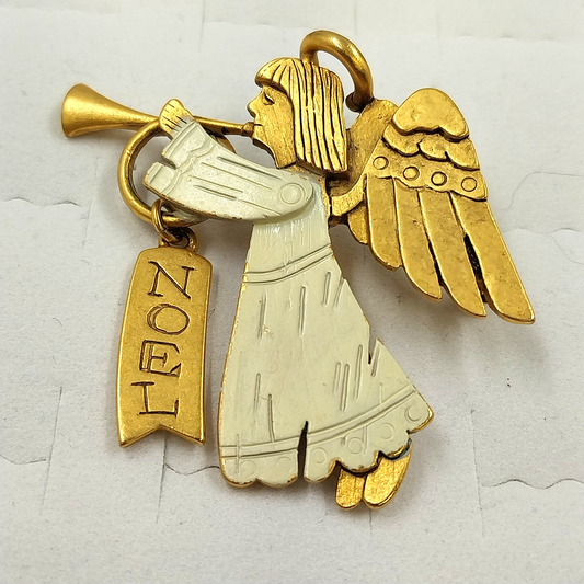 Signed Danecraft gold tone angel brooch with white enamel and NOEL dangle