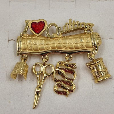 Danecraft gold tone I Love Quilting brooch with sewing charms